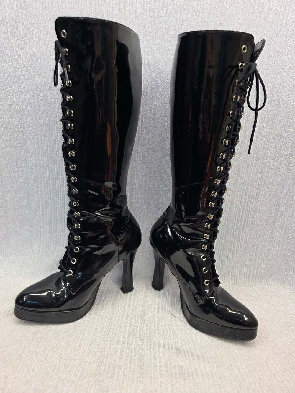 Vintage Morbid Threads Black Patent Lace Up Knee High Platform Gothic Boots 8